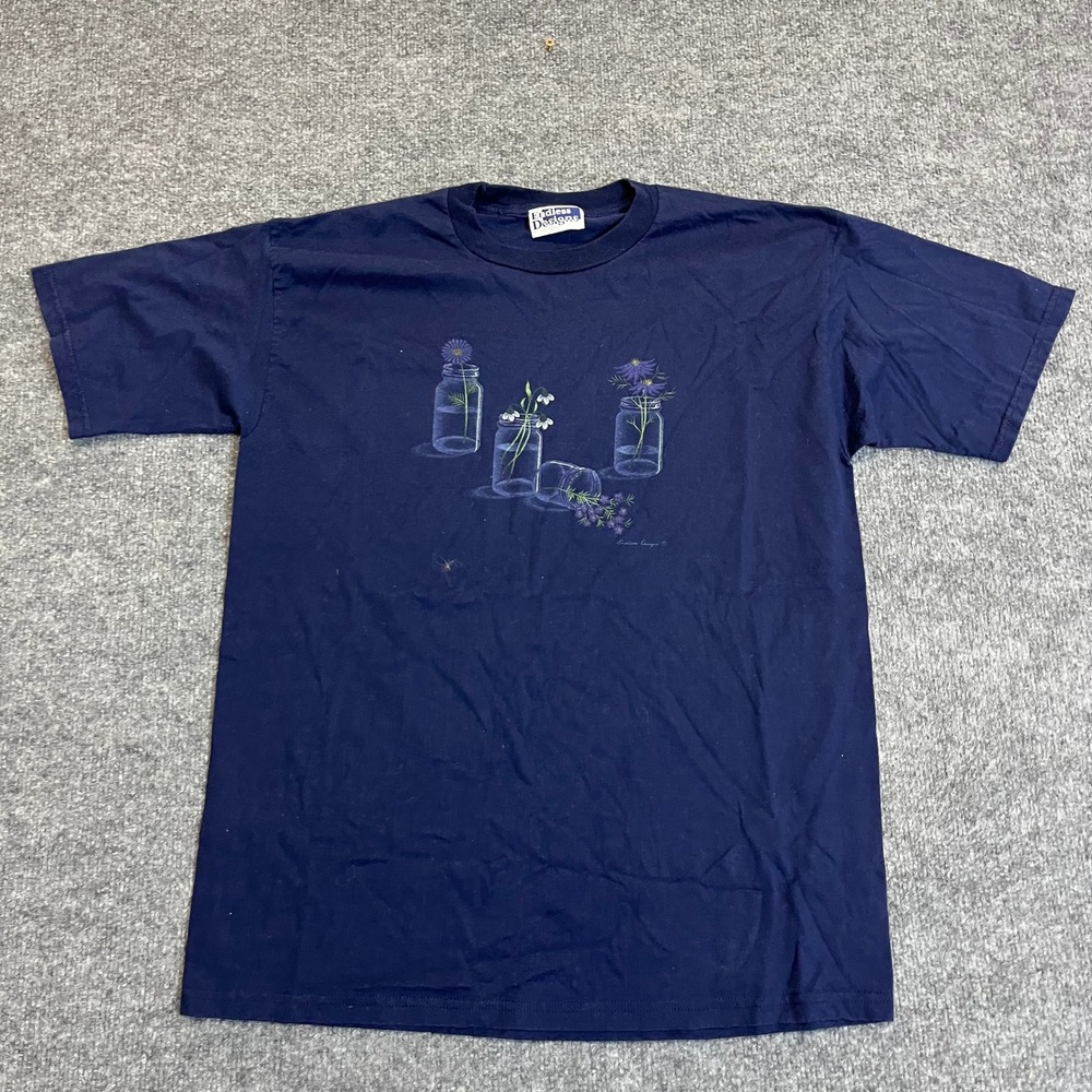 Endless Designs T-Shirt Mens Size L Navy Floral Mason Jar Graphic Casual Tee